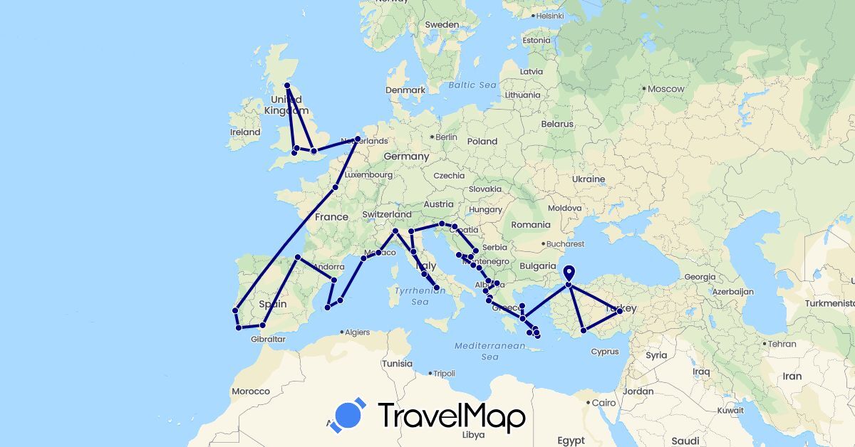 TravelMap itinerary: driving in Albania, Bosnia and Herzegovina, Spain, France, United Kingdom, Greece, Croatia, Italy, Montenegro, Macedonia, Netherlands, Portugal, Slovenia, Turkey (Asia, Europe)